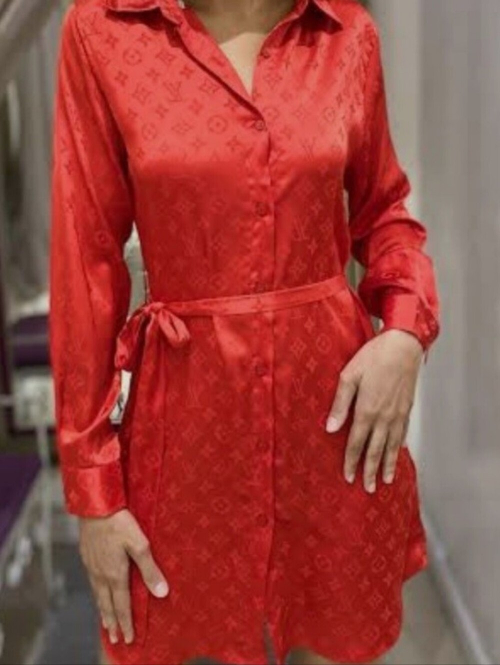 The Kooples Women's Red Paisley Button Belted 3/4-Sleeve Silk Shirtdress Small.